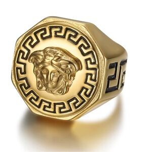 Versace Unisex Gold and Black Medusa Octagon Ring.
